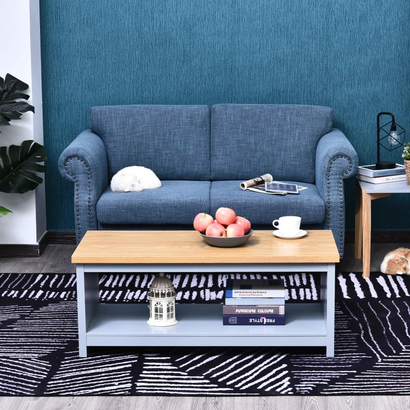 HOMCOM Coffee Table, 2-tier Centre Table with Storage Shelf and Wood Grain Tabletop, Rustic Living Room Table, Grey