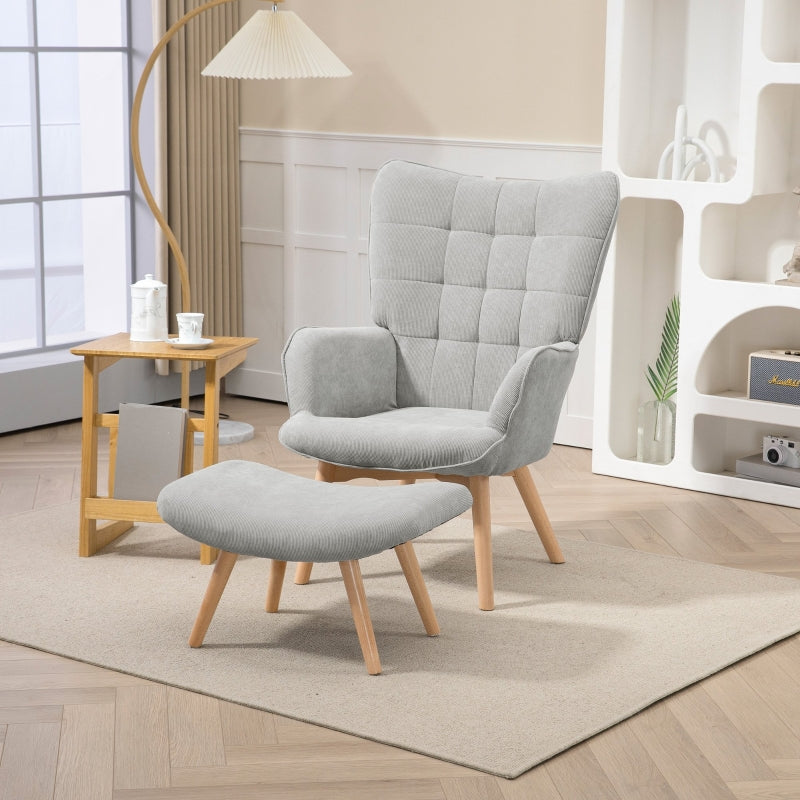 HOMCOM Accent Chair with Ottoman, Recliner in Corduroy Style, Armchair with Wooden Legs, for Living Room, Gray