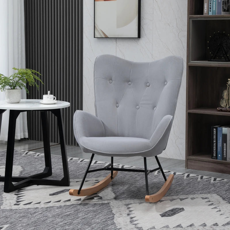 HOMCOM Rocking Chair with Ear Wings Grand Comfort Armrests Seat Backrest High Density Foam Velvet-Like Gray
