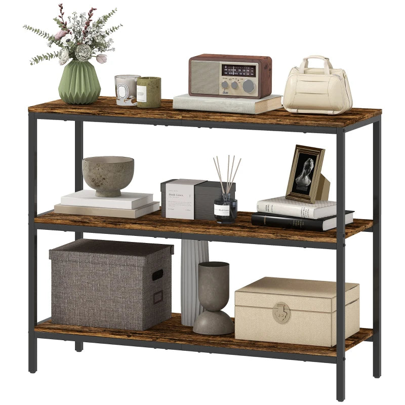 HOMCOM 3-Tier Console Table with Storage Shelves - Rustic Brown