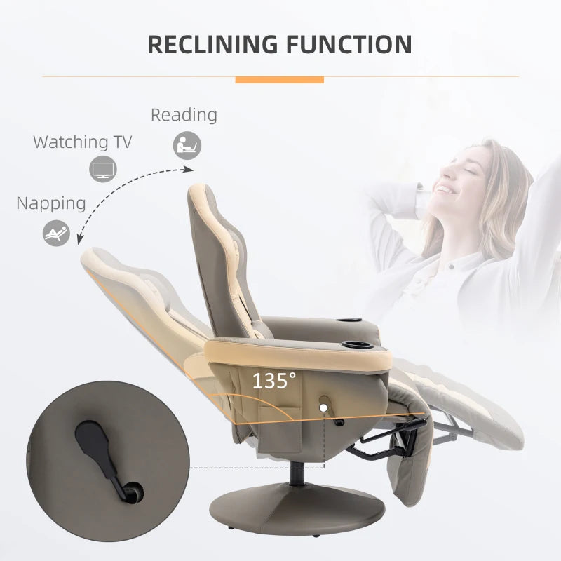 HOMCOM Manual Recliner Armchair PU Leather Lounge Chair w/ Adjustable Leg Rest, 135° Reclining Function, 360° Swivel, Grey