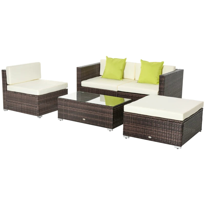 Outsunny 5pcs Rattan L-Shaped Corner Couch Sofas with Coffee Table Adjustable Feet Water-resistant Polyester Cloth Brown