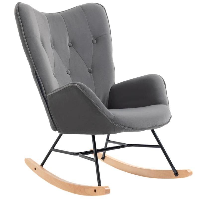 HOMCOM Rocking Chair with Steel Frame Upholstered Relax Armchair Lounge Chair Living Room Chair with Padded Seat Velvety Polyester Rubberwood Metal Dark Gray+Natural 65 x 70 x 96 cm