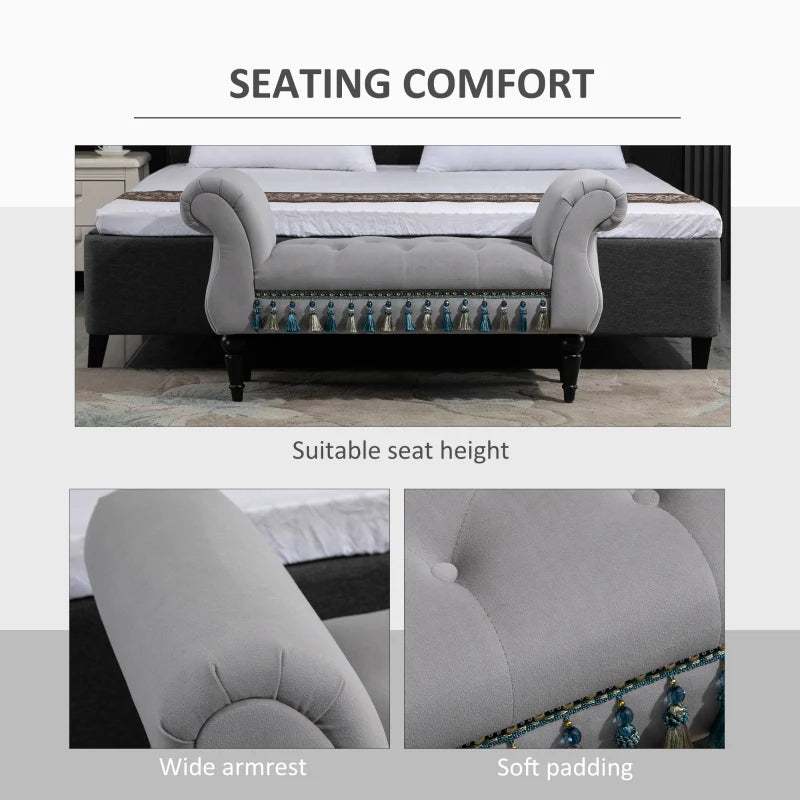 HOMCOM Vintage Bed End Bench with Armrest Tufted Footrest Stool Upholstered Bedroom Imitation Velvet Grey 117 x 40 x 58 cm