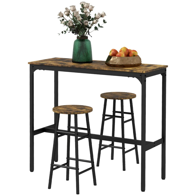 HOMCOM Industrial Design 2-Person Bar Table with 2 Stools Set, 3-Piece Bar Stool with Table Set, Brown + Black