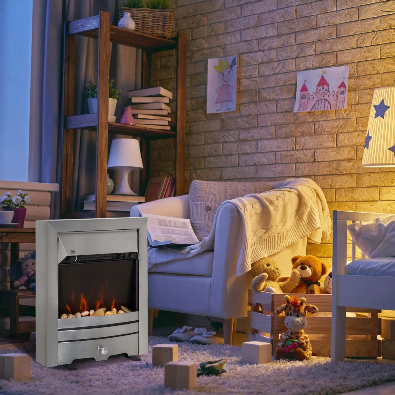HOMCOM Installing Electric Fireplace, 2000W, Pebble Burning Effect Heater Fire Flame Indoor LED Lighting - Stainless Steel