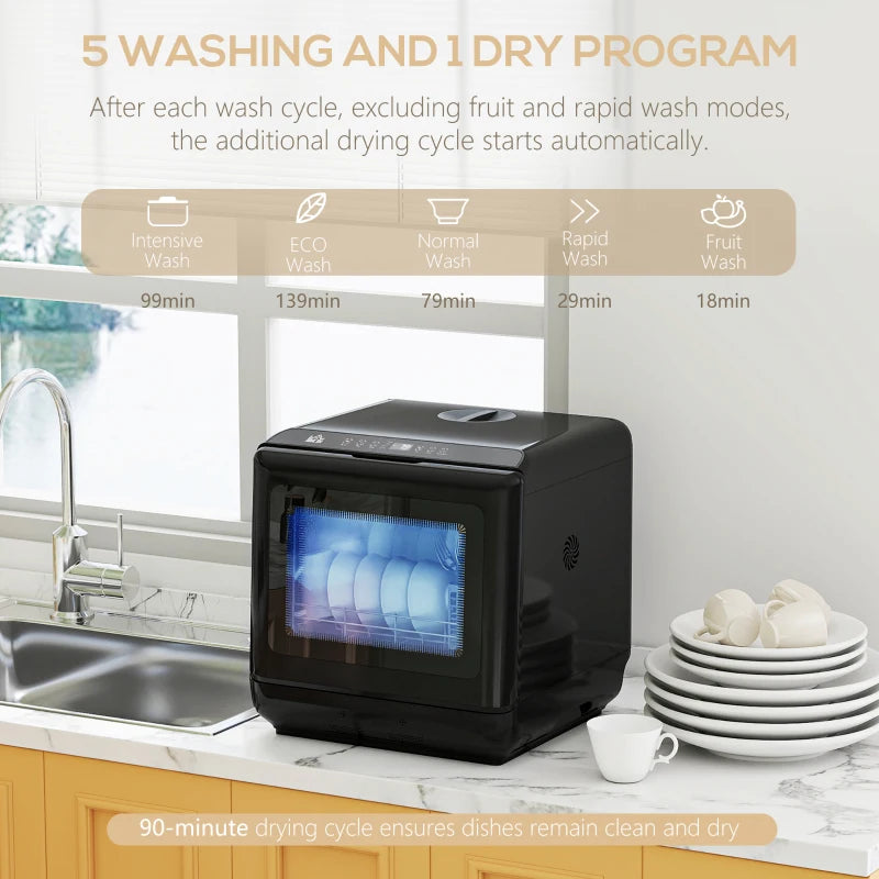 HOMCOM Table Top Dishwasher, Mini Countertop Dishwasher with Built-in 6L Water Tank, 6 Programs, Touch Control, LED Display, 4 Place Settings, Dual Water Supply and Air Drying Function, White