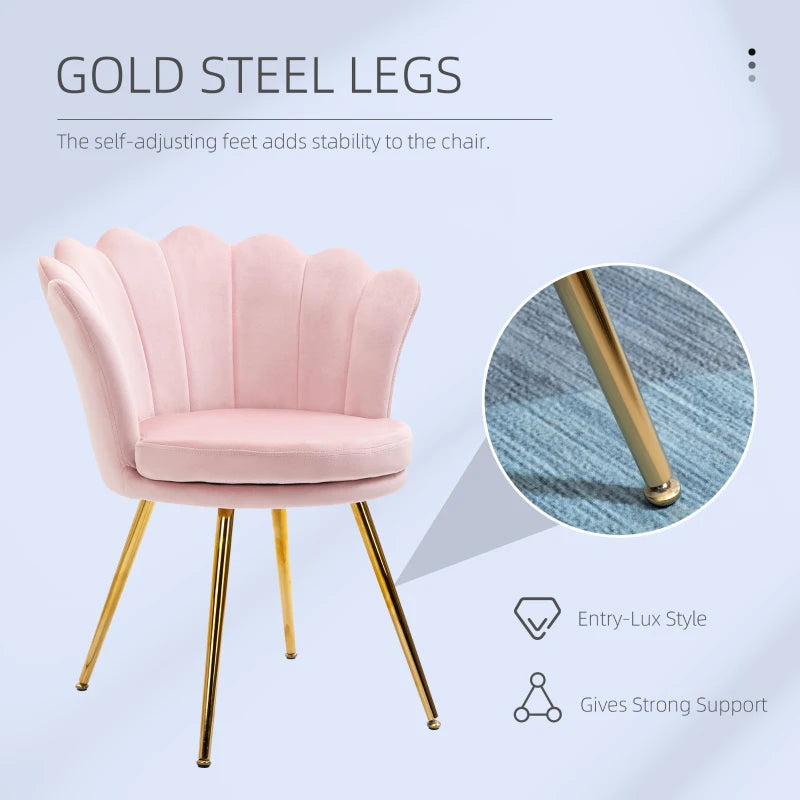 HOMCOM Shell Chair Vanity Chair Velvet Chair Living Room Chair with Golden Metal Legs for Living Room Bedroom and Dining Room 67L x 64W x 77H cm Powder Pink