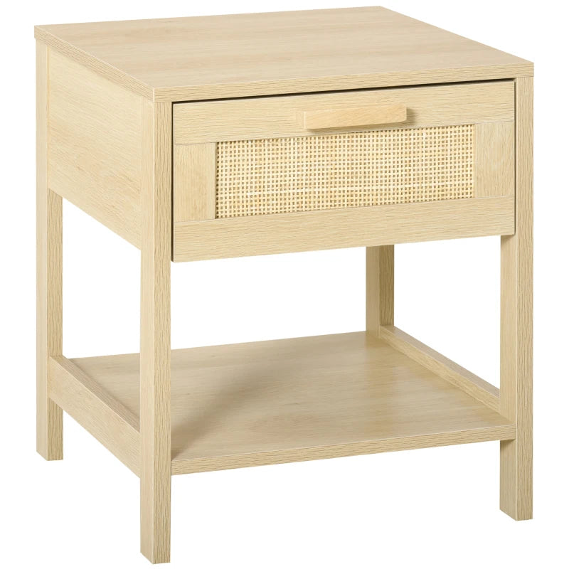 HOMCOM Nightstand with Rattan Drawer and Storage Shelf, Bedside End Table for Bedroom, Living Room