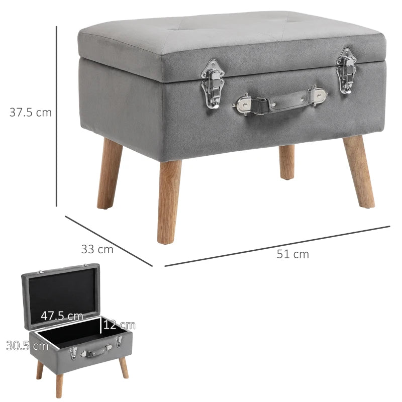 HOMCOM Upholstery Footstool, Velvet Pouffe Storage Trunk, Suitcase Style Ottoman with Wood Legs and Button Tufted Design for Bedroom, Hallway, Grey