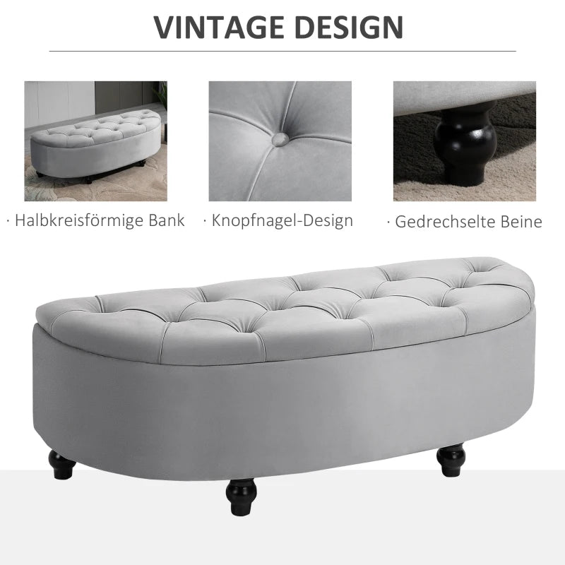 HOMCOM Bench Ottoman Storage Chest Footrest with Storage Space Open Lid for Bedroom Velvet-Touch Rubberwood Gray 120 x 46 x 42 cm