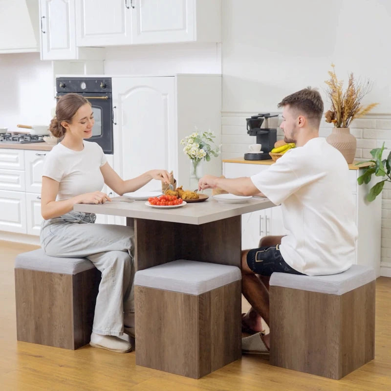 HOMCOM 5 piece Dining Set, Dining Table and 4 Storage Ottoman Stools with Cushions, Space Saving Design, Grey