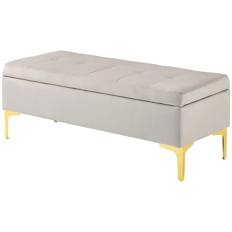 HOMCOM Storage bench tufted seat velvet look 2 in 1 metal legs 120 x 44 x 44.5 cm gray and gold
