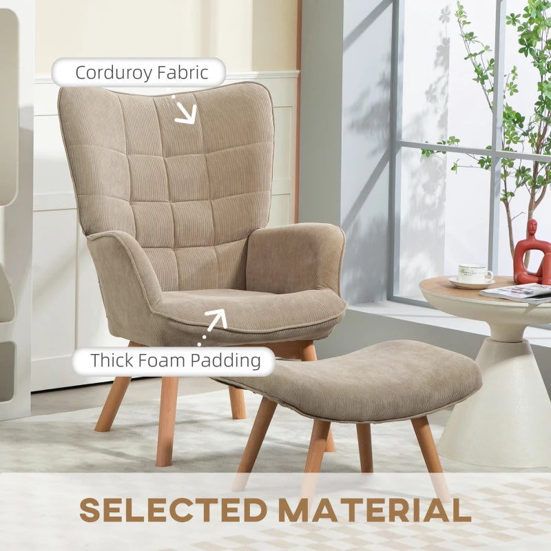 HOMCOM Accent Chair with Ottoman, Lounge Chair in Corduroy Look, Armchair with Wooden Legs, for Living Room, Light Brown