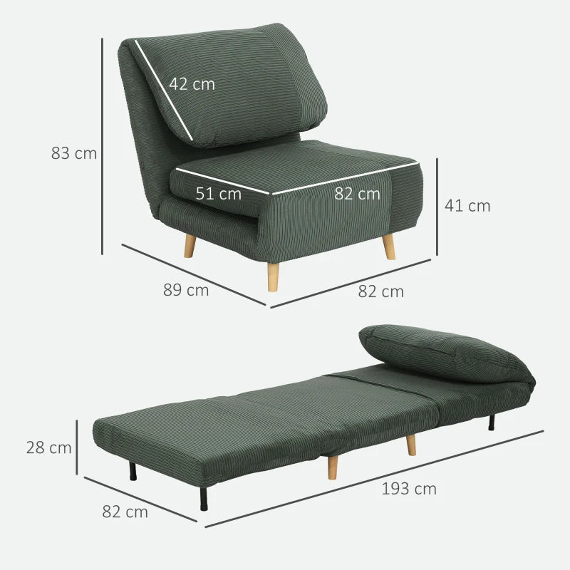 HOMCOM 2-in-1 Sleeper Chair Guest Bed, Adjustable Headrest Corduroy Look 82 cm x 89 cm x 83 cm Green
