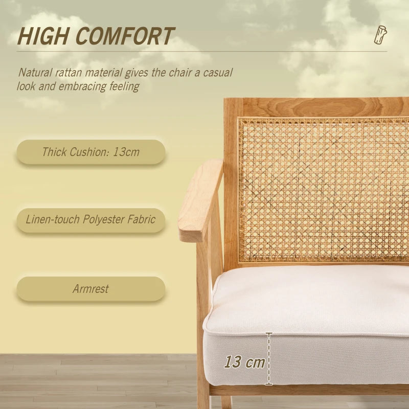 HOMCOM Comfortable Lounge Chair Rattan Chair with Thick Cushion - Rattan Backrest - Deep Seat - Hevea Wood Frame Linen-Look Beige