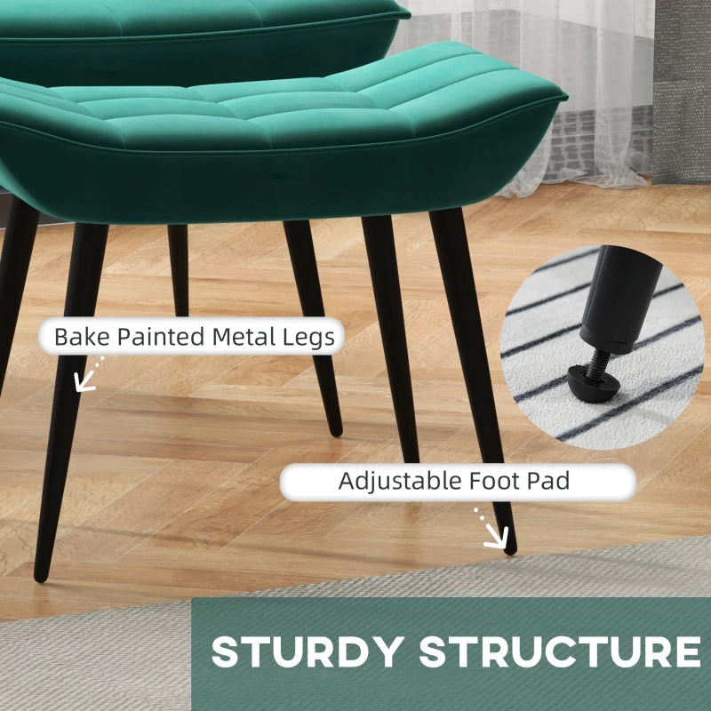 HOMCOM Accent Chair with Footstool Set, Tufted Upholstered Armless Lounge Chair with Pillow and Steel Legs for Living Room, Bedroom, Green