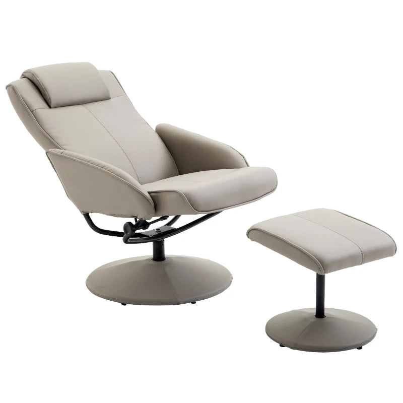 HOMCOM Recliner Chair with Footstool, 360° Swivel TV Chair with Reclining Function, Faux Leather, Reading Chair for Living Room, Bedroom, Gray