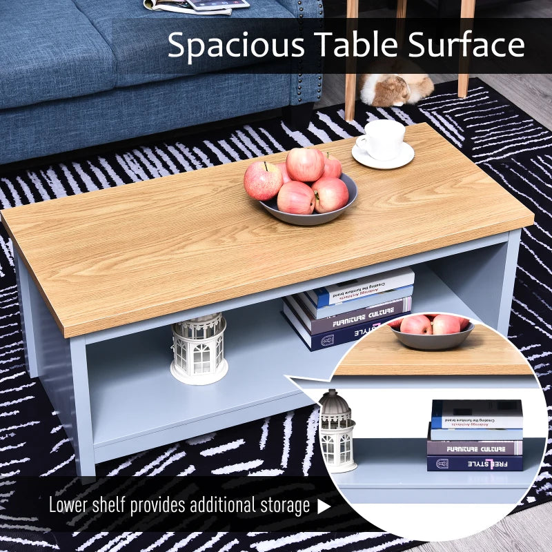 HOMCOM Coffee Table, 2-tier Centre Table with Storage Shelf and Wood Grain Tabletop, Rustic Living Room Table, Grey