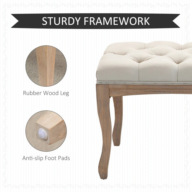 HOMCOM 110cm Upholstered Bench, Linen Fabric Ottoman Stool with Button Tufted Seat, and Rubber Wood Legs for Living Room, Bedroom, or Hallway, Beige