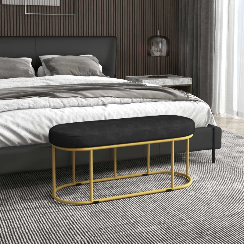 HOMCOM Retro Design Shoe Bench, Bed Bench, Hallway Bench, Velvet Look, Holds up to 200 kg, Metal Frame, Black, 100 x 37 x 43cm