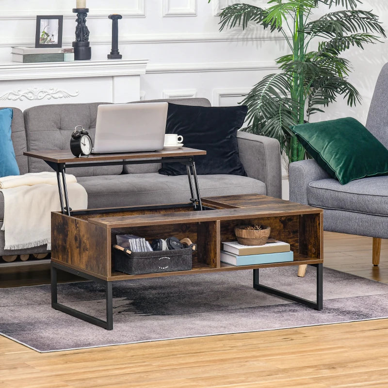 HOMCOM Lift Top Coffee Table, Industrial Coffee Table with Hidden Storage, Drawer and 2 Compartments, Extendable Living Room Table with Metal Frame, Rustic Brown