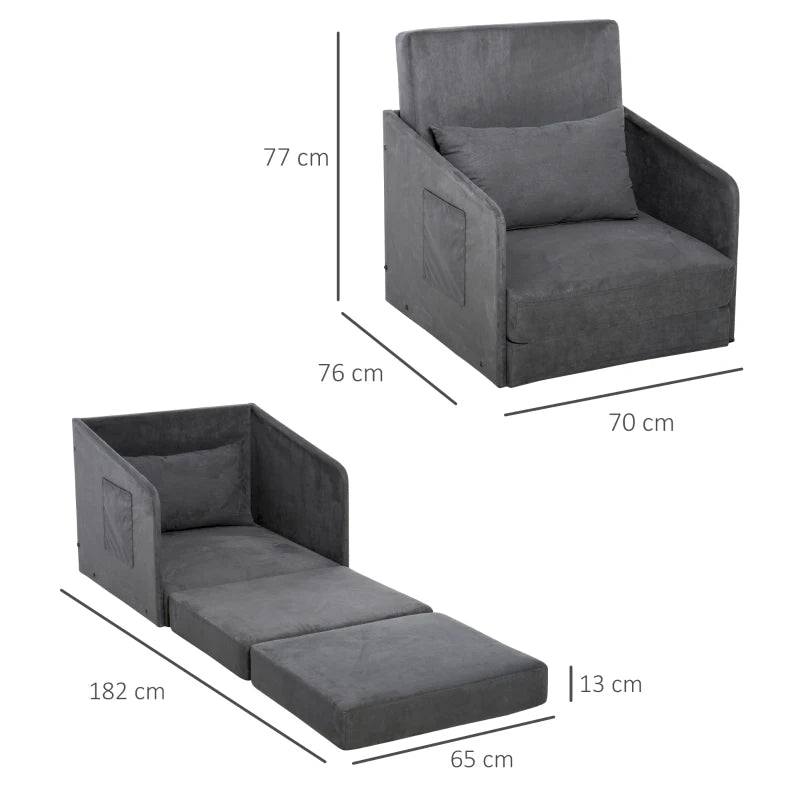 HOMCOM Single Sofa Bed Fabric Armchair Bed Soft Floor Sleeper Lounger Futon Couch with Pillow and Pocket Grey