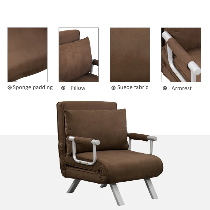 HOMCOM Convertible 1-Seater Armchair Sofa Bed with Removable Quilted Upholstery Grand Comfort Cushion Metal Armrests Suede Brown