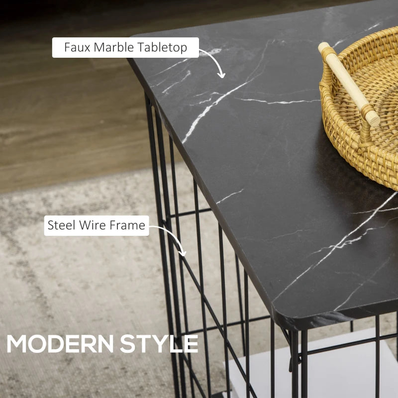 HOMCOM Side Table Marble Top, Black, with Storage, for Living Room Bedroom