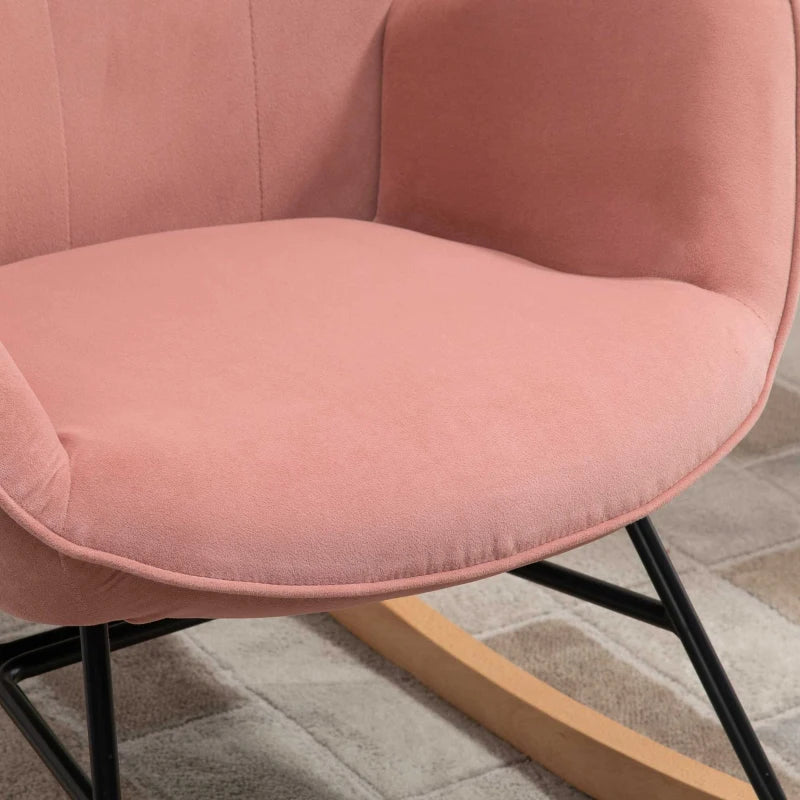 HOMCOM Rocking Chair with Steel Frame Upholstered Relax Chair Armchair Lounge with Padded Seat Velvety Polyester Rubberwood Metal Pink + Natural 65 x 70 x 96 cm