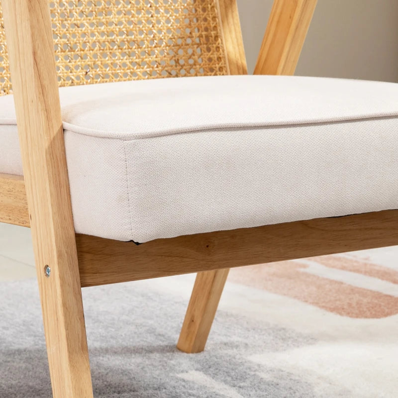 HOMCOM Comfortable Lounge Chair Rattan Chair with Thick Cushion - Rattan Backrest - Deep Seat - Hevea Wood Frame Linen-Look Beige