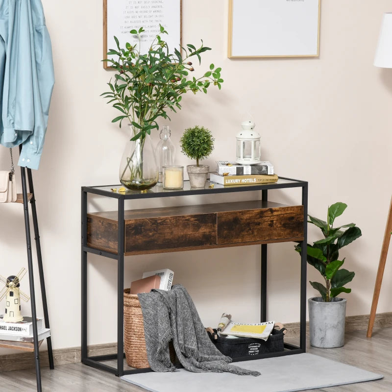 HOMCOM Entryway Console Table Desk with Drawers, Toughened Glass Shelf, 3D Wood Grain