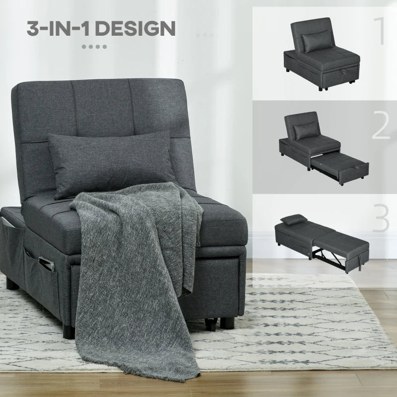 HOMCOM Reclining Chair Sleeper Chair 3-in-1 Chair, Linen Look, including Pillow, 65.5 cm x 104 cm x 81 cm, Dark Gray