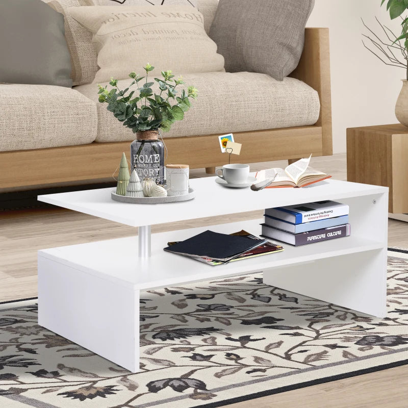 HOMCOM White Wood Coffee Table, 2 Tier Modern Rectangular Open Shelf Desk Living Room