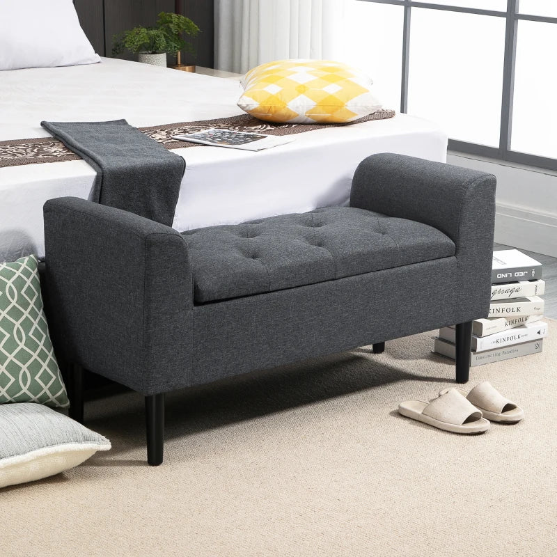 HOMCOM Storage Bench Upholstered Ottoman Storage Chest Supports up to 130 kg Linen-Touch Rubberwood Dark Gray 116 x 44 x 58 cm