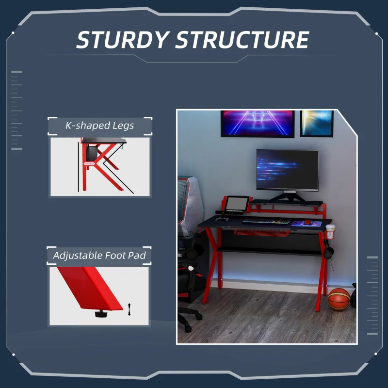 HOMCOM 136 x 66cm Gaming Desk with K Shape Legs, Computer Table with Monitor Stand, Cup Holder, Headphone Hook and Wire Basket, Red