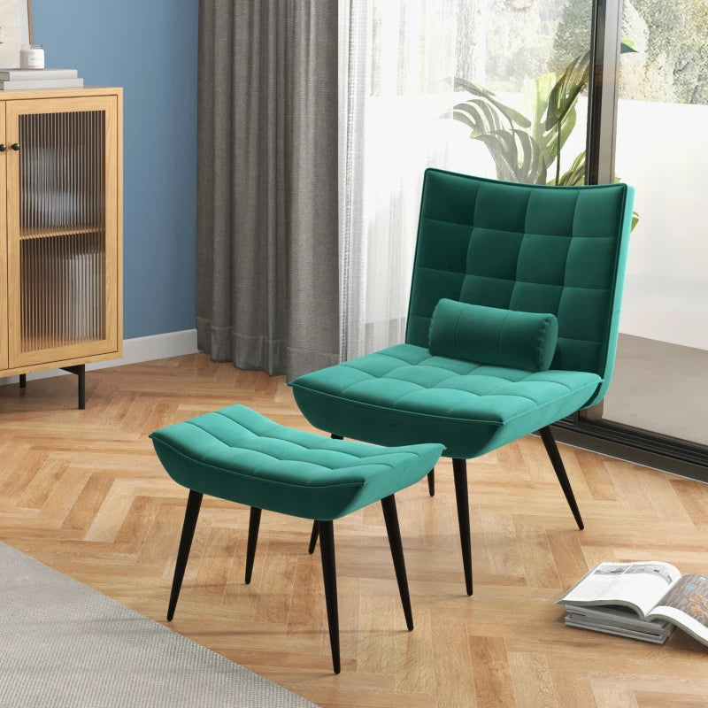 HOMCOM Accent Chair with Footstool Set, Tufted Upholstered Armless Lounge Chair with Pillow and Steel Legs for Living Room, Bedroom, Green