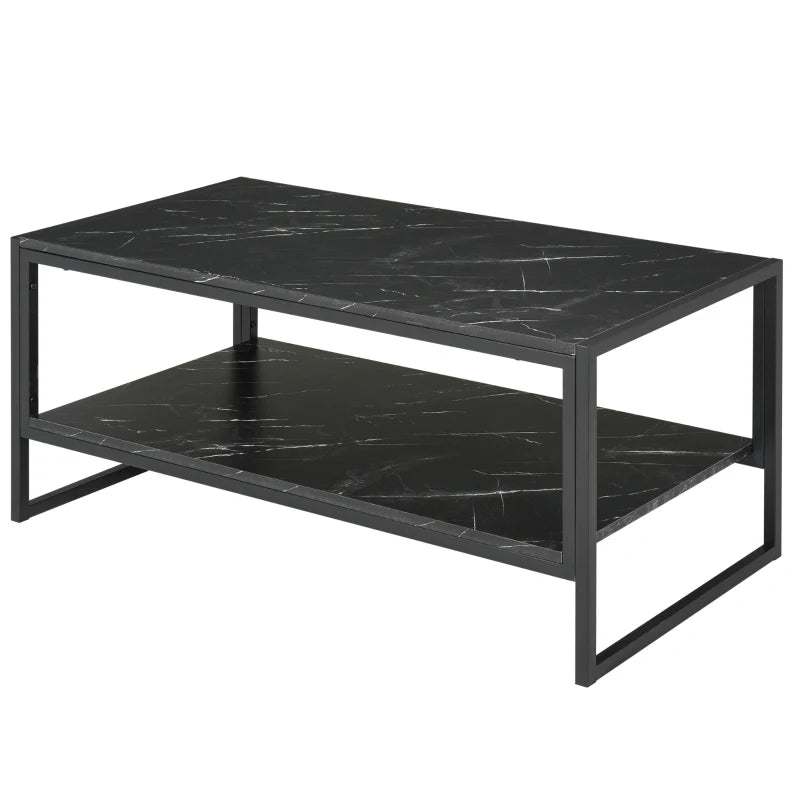 HOMCOM Coffee Table with Storage, 2-Tier Centre Table with Faux Marble Table Top, Bottom Shelf and Metal Frame, Modern Style Living Room Table, Black