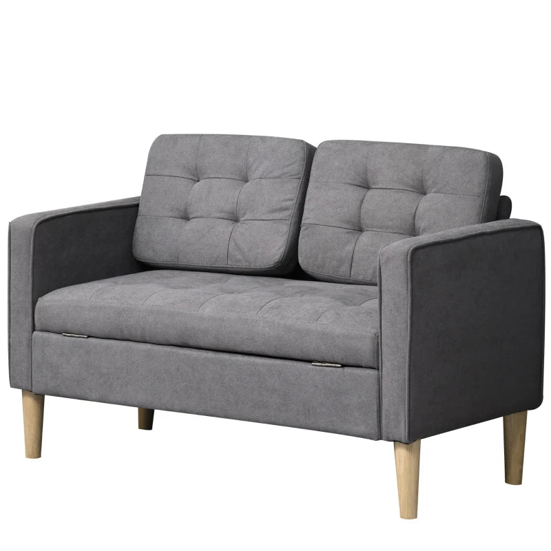 HOMCOM Modern 2-Seater Loveseat Button-Tufted Fabric Couch with Storage Chest, Rubberwood Legs, Grey