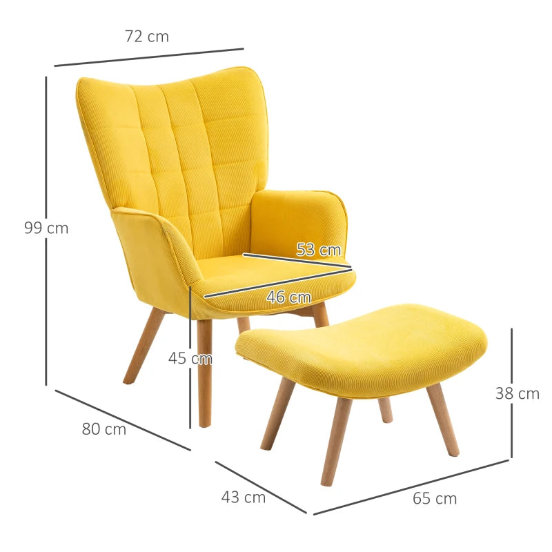 HOMCOM Modern Accent Chair with Ottoman, Living Room Chairs with Steel Frame, Wooden Legs for Living Room, Study, Bedroom and Home Office, Yellow