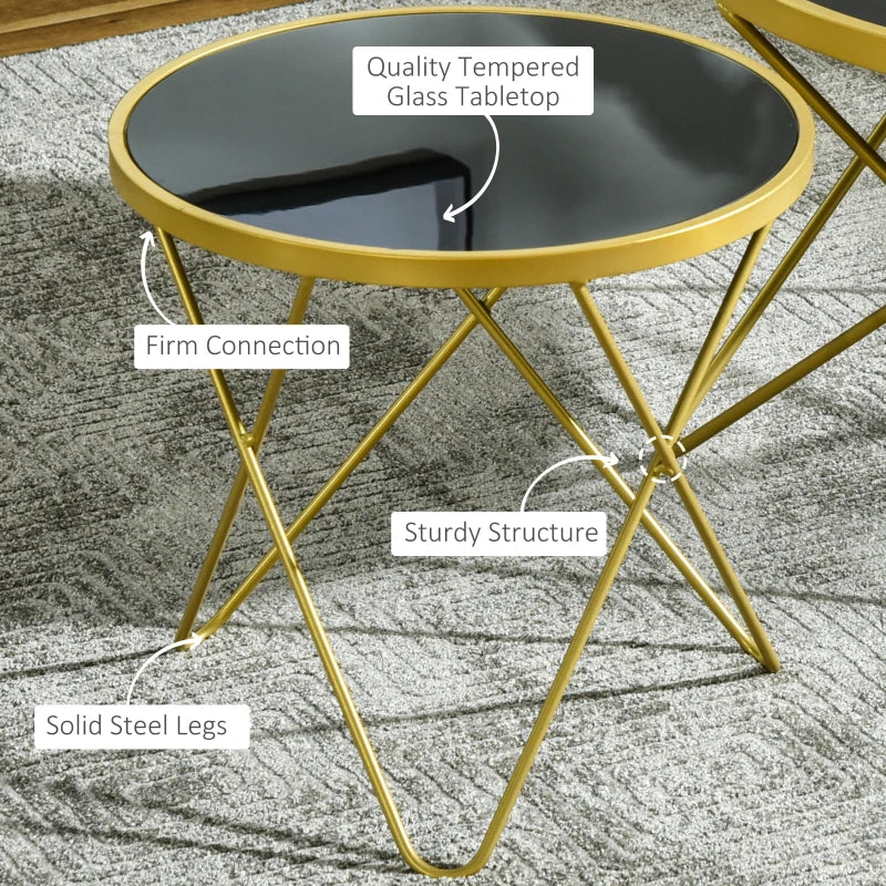 HOMCOM Glass Coffee Table, Round End Side Table, Accent Table with Tempered Glass Top and Golden Metal Legs for Living Room, Bedroom, Black