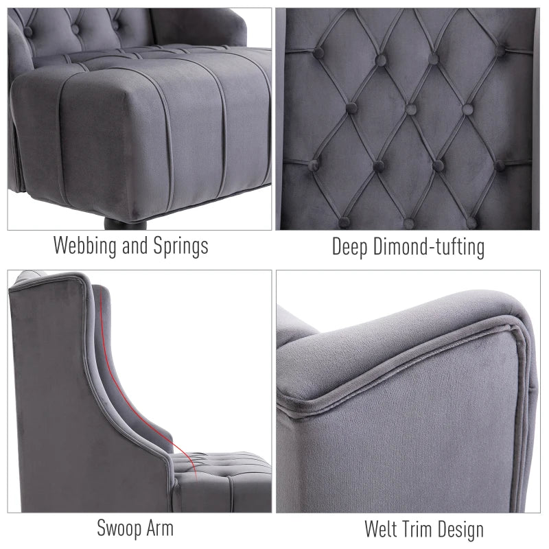 HOMCOM Velvet Fabric Tufted French Style Tall Wingback Accent Chair Home Décor with Extra Wide Seat, Wooden Legs, Grey