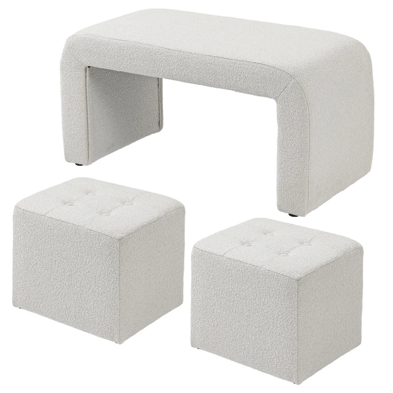 HOMCOM Ottoman Set of 3, Button Tufting, 89 cm x 42.5 cm x 45 cm, Cream