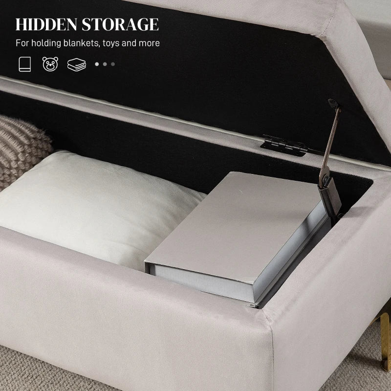 HOMCOM Storage bench tufted seat velvet look 2 in 1 metal legs 120 x 44 x 44.5 cm gray and gold