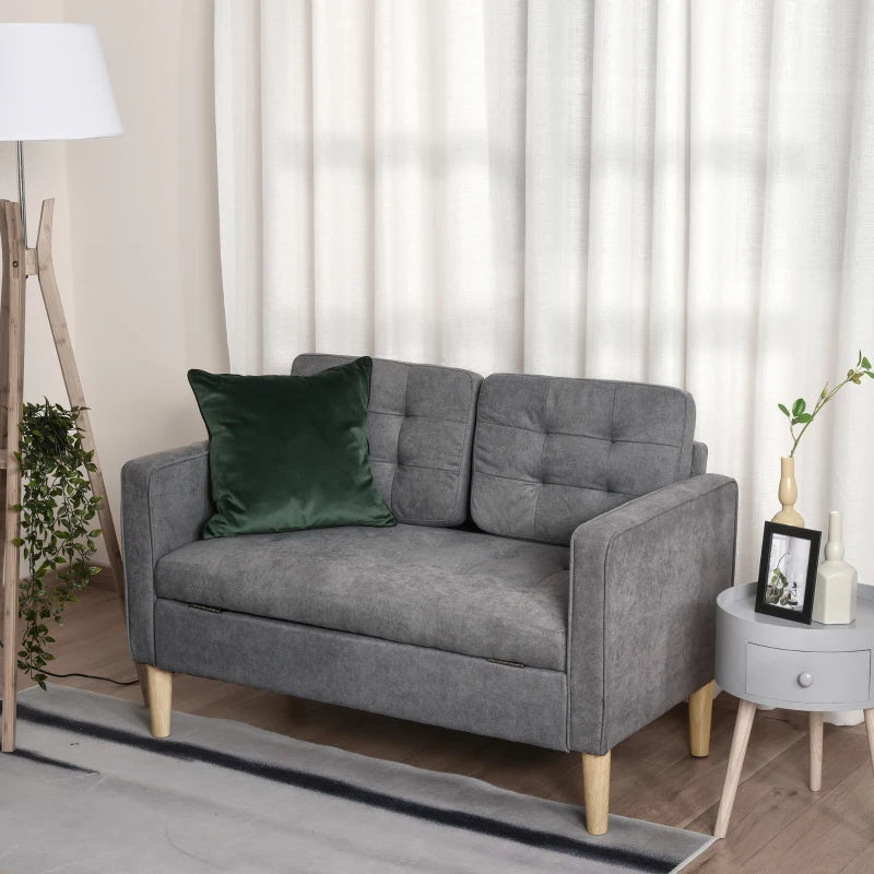 HOMCOM Modern 2-Seater Loveseat Button-Tufted Fabric Couch with Storage Chest, Rubberwood Legs, Grey