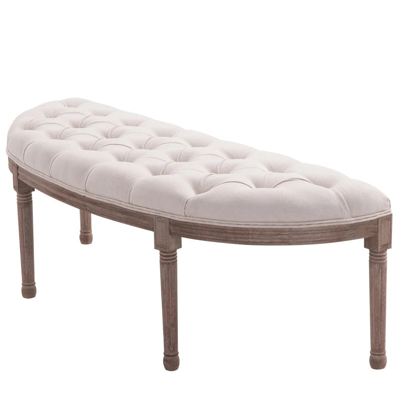 HOMCOM Half-Circle End of Bed Bench, Tufting Ottoman Footstool with Padded Seat and Brushed Wood Base, Antique Window Seat, Cream White