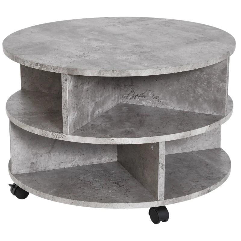 HOMCOM Coffee Table with Wheels, Round, with Storage, 2 Tier, Divider Shelves Lamp Desk Storage
