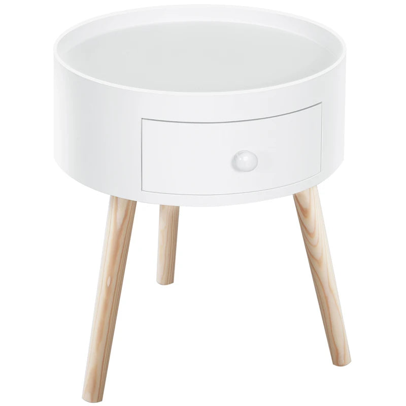 HOMCOM Modern Round Coffee Table Wooden Side Table Living Room Storage Unit w/ Drawer Wood Leg - White