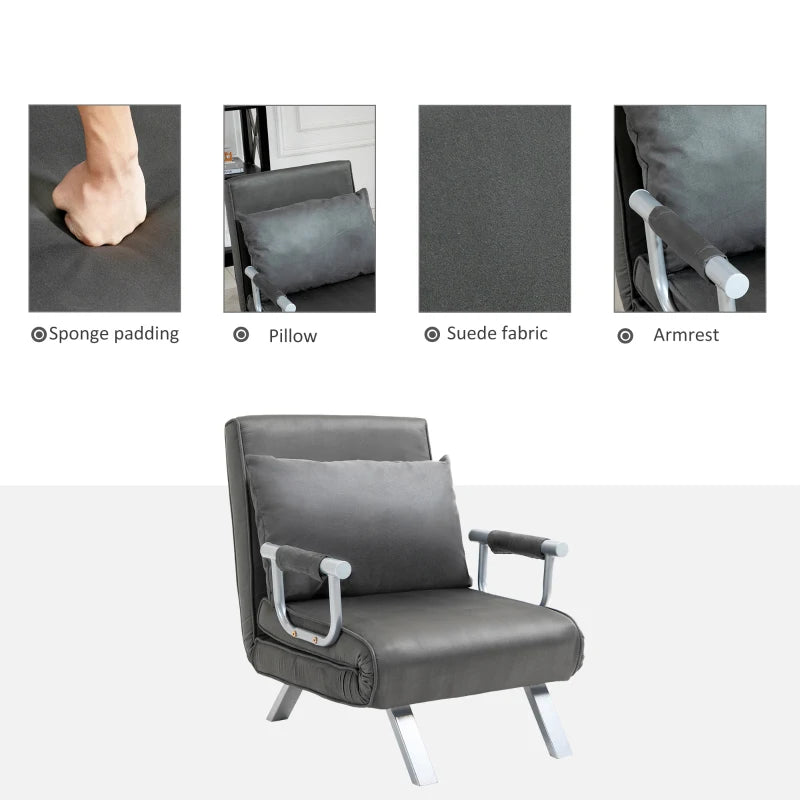 HOMCOM Single Chair Sofa Bed Convertible Detachable Grand Comfort Cushion Metal Armrest Legs Suede Grey