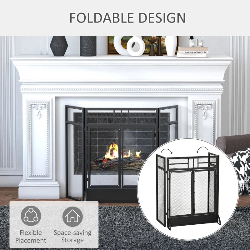 HOMCOM 3-Panel Folding Fireplace Screen with Door, Freestanding Spark Guard, Metal Mesh Fireguard, Black